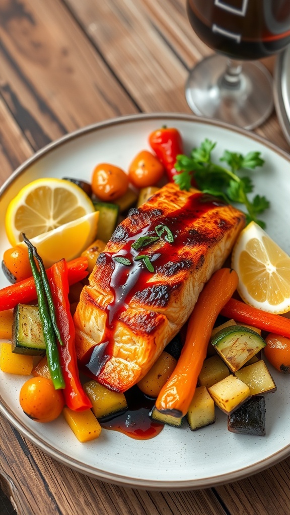 Stunning salmon dinner with roasted vegetables and balsamic glaze, garnished with herbs, on a wooden table.